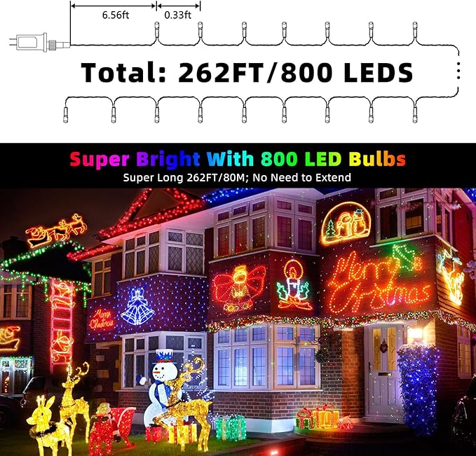 XTF2015 262FT 800 LED Christmas String Lights, Christmas Lights Plug 8 Modes Memory Function with Timer, UL Certified Outdoor Indoor Fairy Light Christmas Tree, Patio, Party (Multicolor)