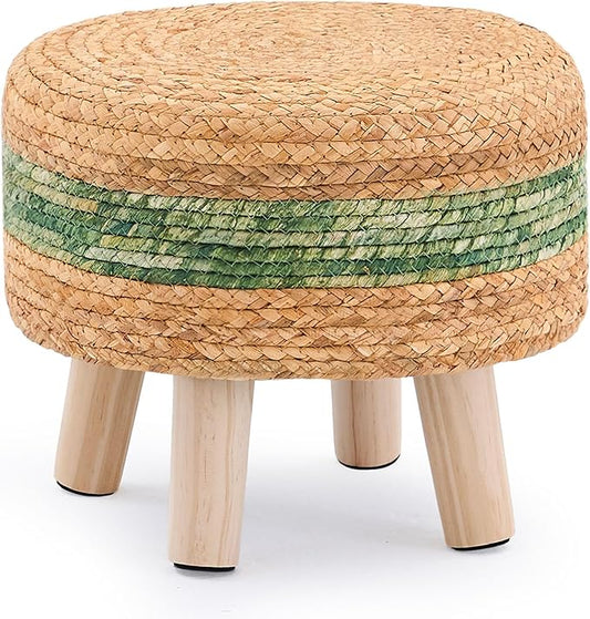 Handwoven Round Ottoman, Natural Water Hyacinth Outdoor Patio Pouf Seagrass Low Stool with Wood Legs, Soft Padded Footrest for Living Room Bedroom Garden, Green