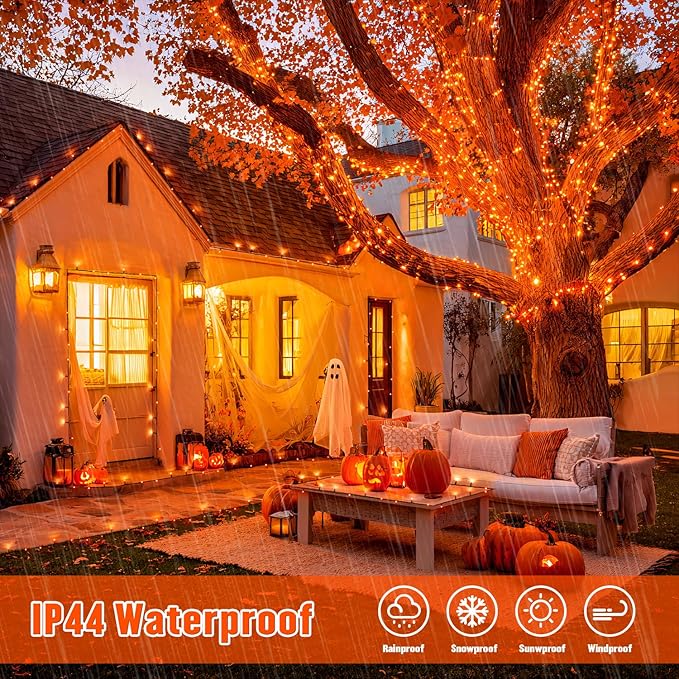 JMEXSUSS 2 Pack Orange Halloween Lights: 100 LED 33ft Solar Halloween Lights Outdoor Waterproof - 8 Modes Orange Solar Light for Christmas Outside Tree Gardens Fall Festival