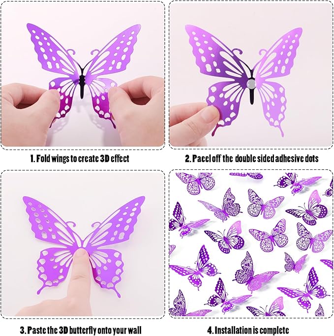 SAOROPEB 3D Butterfly Wall Decor - 48 Pcs, 4 Styles, 3 Sizes - Purple Butterfly Decorations for Birthday Parties, Removable Stickers