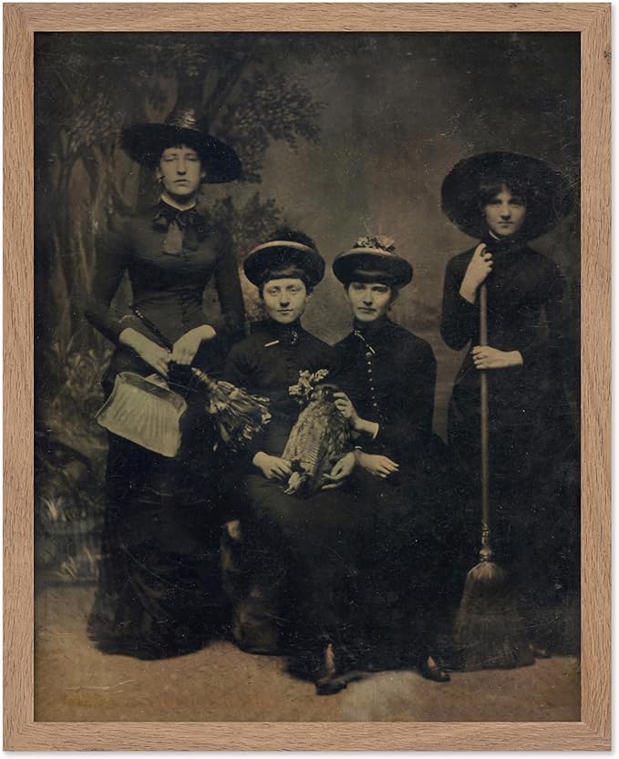 Poster Master Vintage Photograph Poster - Retro Halloween Print - Gift for Artist, Friend - Four Witches Wearing Robes, Sabbath, Coven, Sorcery - Wall Decor for Home, Office, 11x14 Beige Framed
