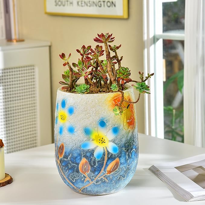 Sungmor 10.6 Inch Ceramic Succulent Plant Pot with Drainage Hole, Hand Painted Flower Pots for Plants, Unique Texture Decorative Planter for Indoor and Outdoor, Pottery Vase for Home Office Decor