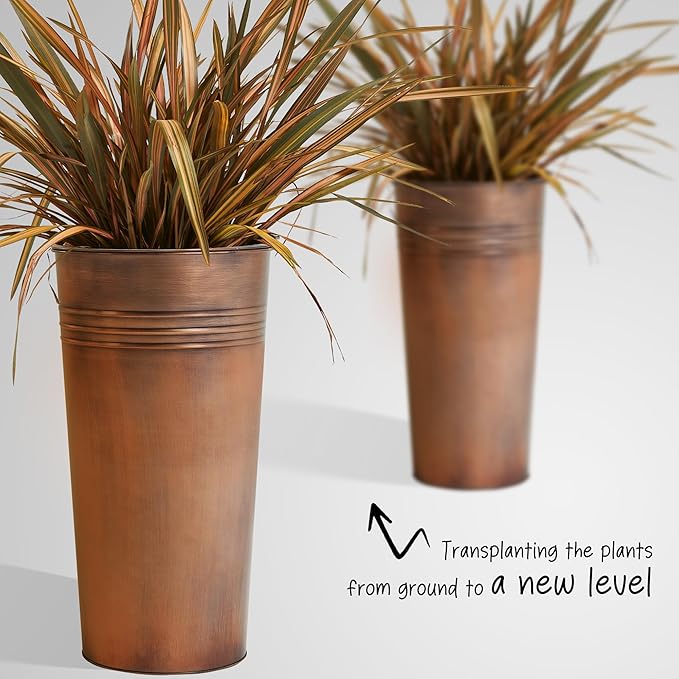 KOL 28'' Tall Galvanized Steel Planter Pot - Flower Pot with Water Level Indicator for Plants - 2 Pack Self Watering Planters - Round Bronze Powder Metal Planter Box - Indoor Outdoor Grande Plant