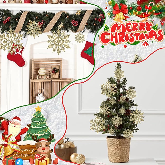 Christmas Tree Decorations Snowflake Ornaments, 36Pcs Glitter Gold Plastic Hanging Snowflakes from Ceiling Snow Flakes Decorating Hanging for Winter Wonderland Decorations Indoor Outdoor Decor