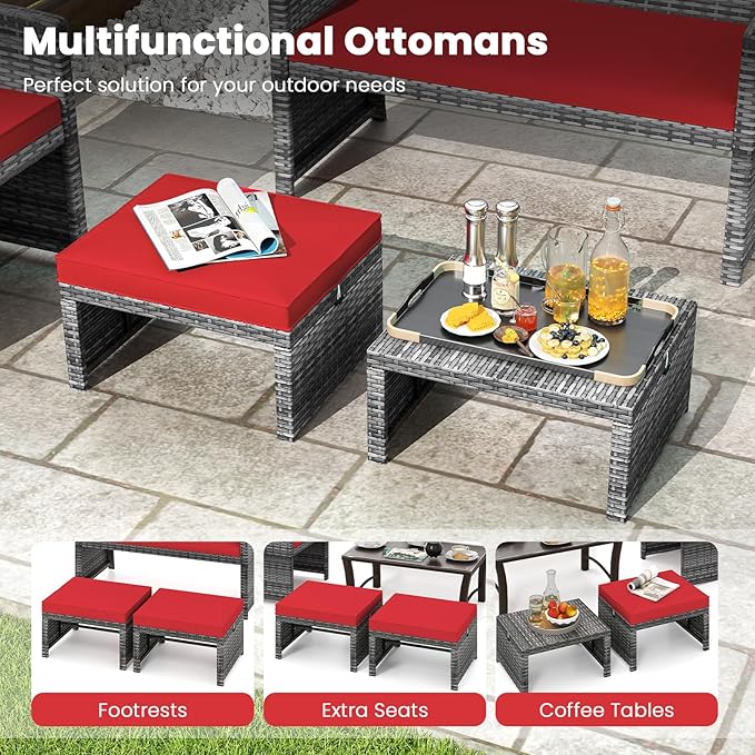 Tangkula 2 Pieces Patio PE Rattan Ottomans, Multipurpose Outdoor Footstool Footrest Additional Seating Side Table with Soft Zippered Cushions for Deck, Garden, and Yard (Red)