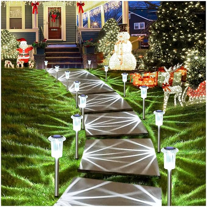 DenicMic Solar Lights Outdoor 15 Pack Waterproof 6000K Cold White LED Stainless Steel Stake for Pathway Yard Garden Driveway Solar Powered Outside Decor