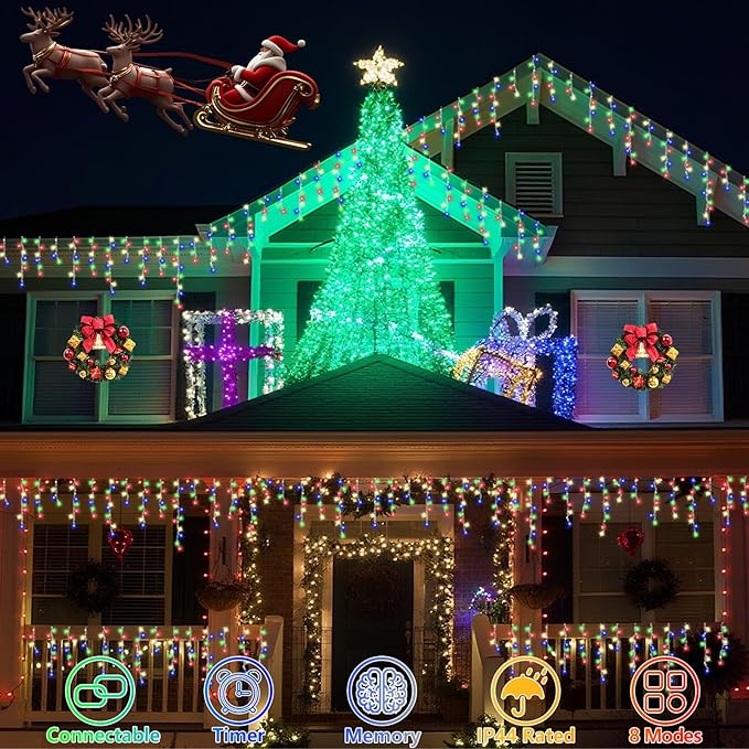 QITONG Multicolor Icicle Christmas Lights Outdoor, 33ft 400 LED Icicle Lights Indoor, Clear Wire Connectable String Lights Plug in with 8 Modes