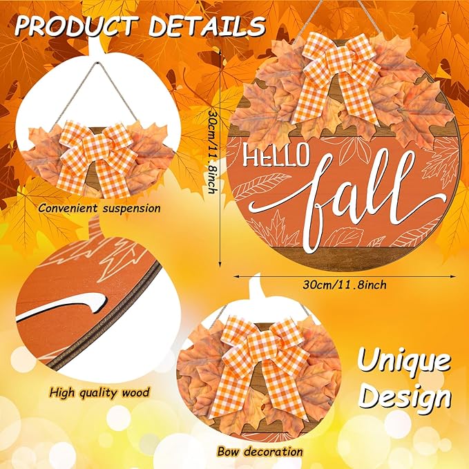 Hello Fall Sign for Front Door Autumn Wooden Hanging Door Hanger Sign Fall Welcome Wreaths with Bow Maple Leaf Farmhouse Wall Decoration for Home Thanksgiving Harvest Front Porch Decor