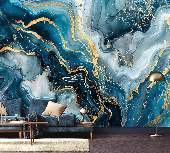 AFZEVEB-Blue and Gold Marble Wallpaper Abstract Art Wall murals for Bedroom 114"x74" (Not Peel and Stick)