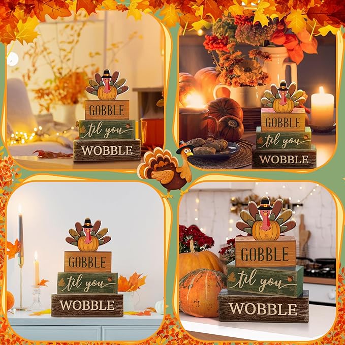 4 Pcs Fall Decorations for Home Thanksgiving Tiered Tray Decor Fall Table Decor Thanksgiving Centerpiece Rustic Wooden Turkey Block Sign for Autumn Harvest Party Table Kitchen Shelf