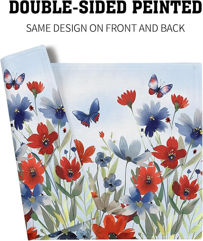 4th of July Floral Placemats Set of 4 12x18 Inch Patriotic Red Blue Watercolor Flowers Washable Non-Slip Heat Resistant Place Mats Memorial Day Independence Day Table Mats