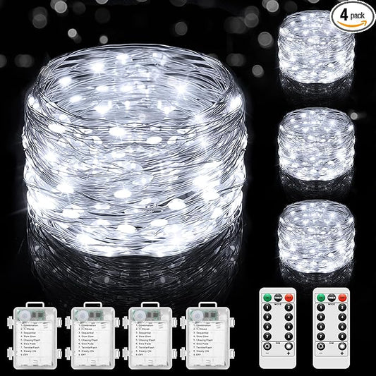 4 Pack 100 LED Fairy Lights Battery Operated with Timer & Remote, 33FT Waterproof Twinkle Lights Indoor Outdoor, Fairy String lights for Bedroom Classroom DIY Wedding Christmas Decorations, Cool White