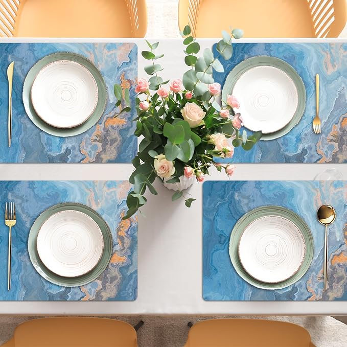 Marble Placemats Set of 6 Blue Marbles Plastic Table Mats Marble Theme Place Mats Wipe Clean Washable Holiday Table Decoration for Indoor Outdoor Party Kitchen Dining