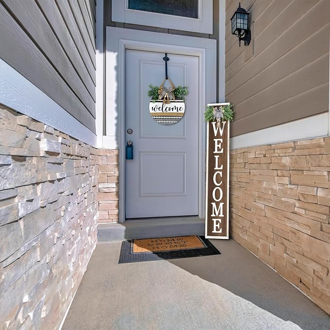 Surfapans Welcome Sign for Front porch Standing 45"X9"Large Wood Frame Outdoor Tall Welcome Signs Vertical Decor for Farmhouse Rustic Home Modern Outside Front Door Wall Decorations (White Wood)