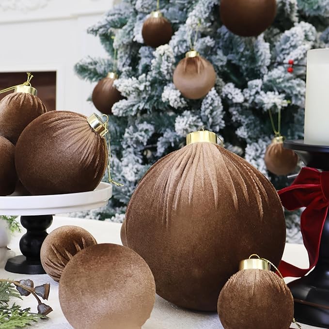 6inch Big Velvet Christmas Ornaments, 2pcs Flocked Ornaments Balls Sets for Christmas Tree Decorations Light Coffee