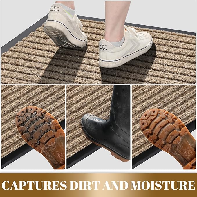 Yimobra Front Door Mat Outdoor Indoor Entrance, 100% Waterproof All-Season All Weather Doormat, Welcome Matt Outside Entry, Non Slip, Low Profile, Heavy Duty Patio Porch Floor Mats,47 x 24,Khaki