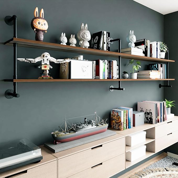 Industrial Pipe Wall Shelves Pipe Shelving with Real Wood Plank,70 Inches Floating Shelves for Wall Farmhouse Pipe Book Shelves Dark Brown 2 Tier for Kitchen,Living Room Decor and Bar Shelving