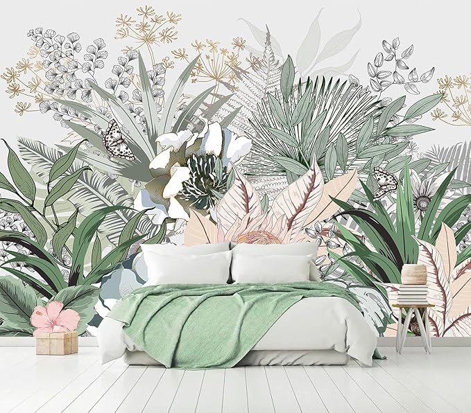 AFZEVEB-Tropical Jungle Wallpaper Botanical Large Floral Wall murals for Bedroom 114"x74" (Not Peel and Stick)