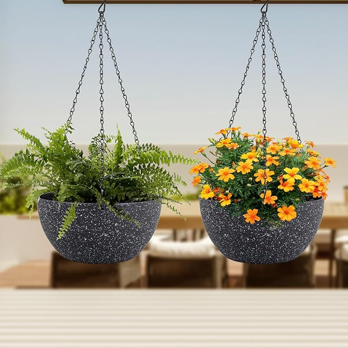 8 inch Small Hanging Planters for Indoor Outdoor Plants, 2 Pack Hanging Flower Plant Pots with Drainage Holes and Chain for Porch, Plastic Hanging Baskets for House Plants, Speckled Black