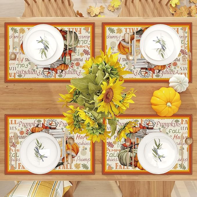 Linen Fall Placemats Set of 4 - Farmhouse Table Mats for Home Decor - Autumn Thanksgiving Kitchen Dining Room Table Decorations