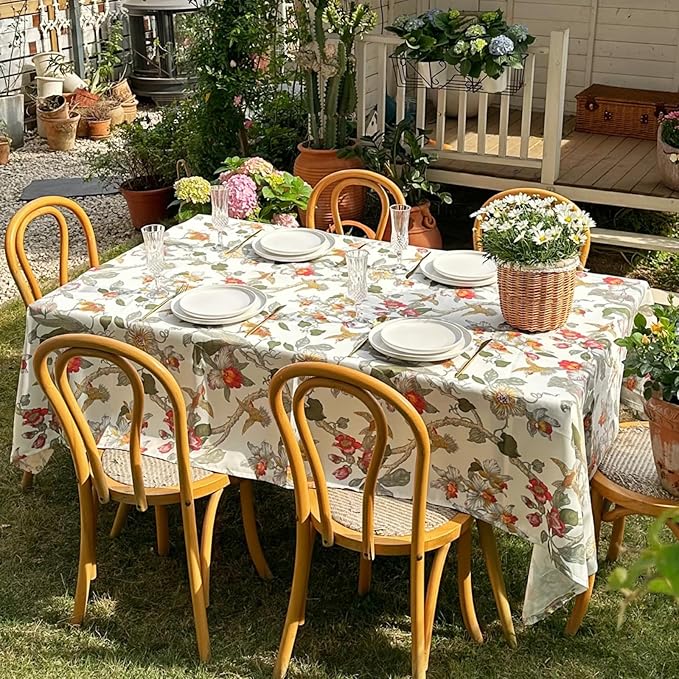 Rectangle Waterproof Tablecloth, Spring Summer Birds Floral Table Cloth, Decorative Fabric Table Cover for Indoor and Outdoor, 72 x 54 Inch, Red Flower