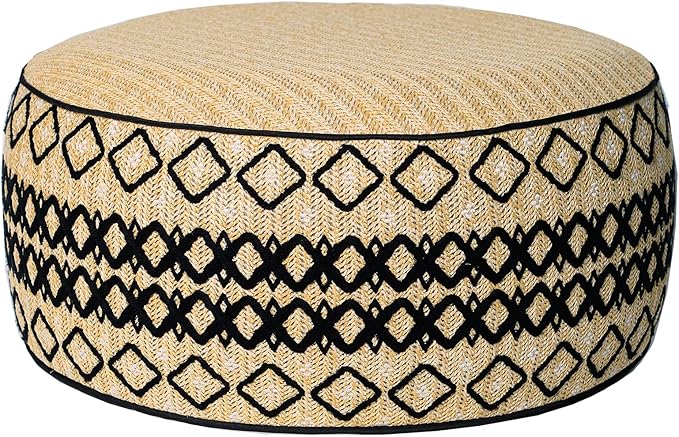 Outdoor Inflatable Ottoman with Air Pump, Embroidery Patio Footrest Stool D21”x H9”, Round Pouf Ottoman with Portable Handle Suitable for Garden, Camping, Bedroom, Living Room