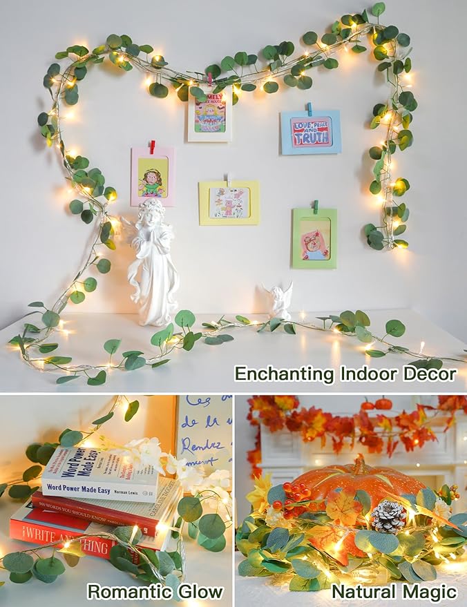 suddus Vines with Lights Plug in, 33ft 100 LED Eucalyptus Garland String Light Connectable with Remote, Leaf Lights for Bedroom, Room, Wall, Garden, Party, Wedding Decor (Warm White)