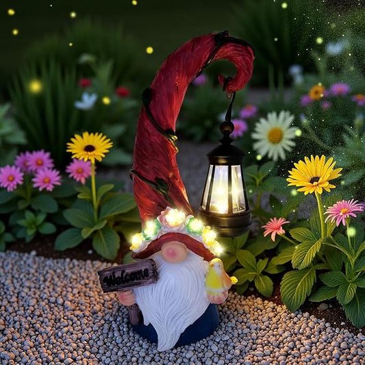 Solar Outdoor Figurine Lights Gnome Garden Decor Statue with LED Flowers & Lantern, Glowing Fairy Yard Decorations for Outside Patio Yard Front Porch, Housewarming Home Decor Gifts Thanksgiving
