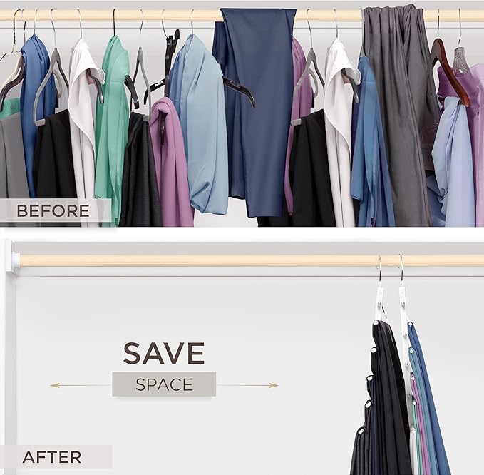 MORALVE Pants Hangers Space Saving - European Beechwood Scarf and Jean Hangers - Closet Organizer and Space Saver Pant Rack, Leggings Hanger, and Scarf Holder with 360° Swivel Hook (1 Pack)