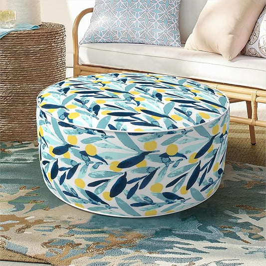 Inflatable Ottoman Stool D21 xH9 for Outdoor/Indoor Use, Water Repellent Patio Foot Rest Stool with Portable Handle,Round Pouf Ottoman Suitable for Garden,Deck and Camping - Leaves Multi
