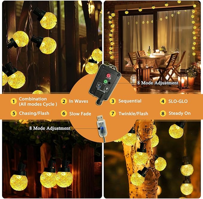 Solar LED String Lights for Outside,39.4FT 8Modes Crystal Globe Fairy String Lights Waterproof USB Plug for Garden Patio Christmas Tree Fence Indoor&Outdoor Party Decor(Pineapple Warm White)