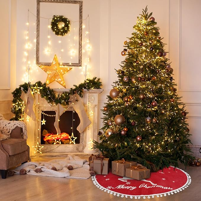 24 Inch Christmas Tree Skirt, Burlap Red Christmas Rustic Tree Skirt with Elk Deer and White Snowflake Printed for Holiday Party Xmas Tree Decoration