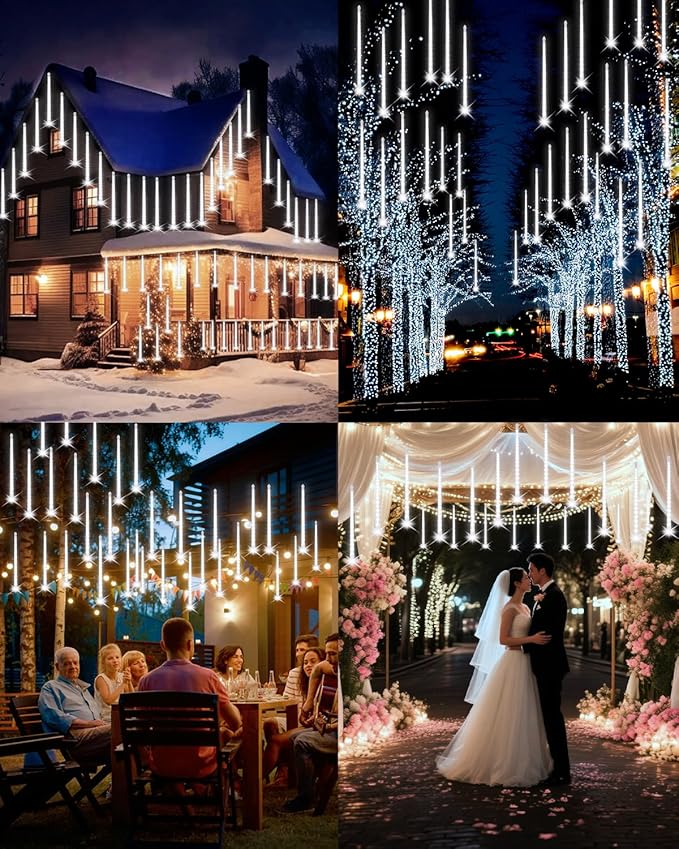 PEMOTech Meteor Shower Lights Outdoor, 38.5ft 15 Tubes 11.8" 540 LED Christmas Lights Outdoor, Snow Falling Icicle Light for Xmas Tree Halloween Decoration Wedding Party Window, Cool White