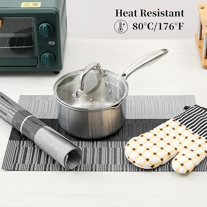 Leetaltree Grey with White Striped Placemats Set of 8 - Heat Resistant Non-Slip Place mats for Dining Table, Washable Durable PVC Vinyl Woven Table Mats（Grey Stripe, 8）