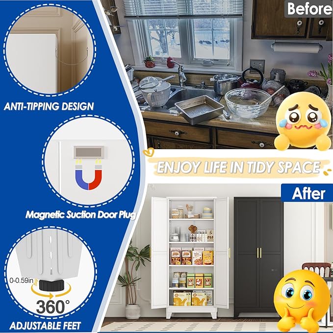 71" Tall Metal Storage Cabinet with 2 Doors and 4 Adjustable Shelves, Kitchen Pantry Cabinet White Freestanding Cupboard, 5 Tier Multifunctional Steel Storage for Office, Kitchen, Dining Room