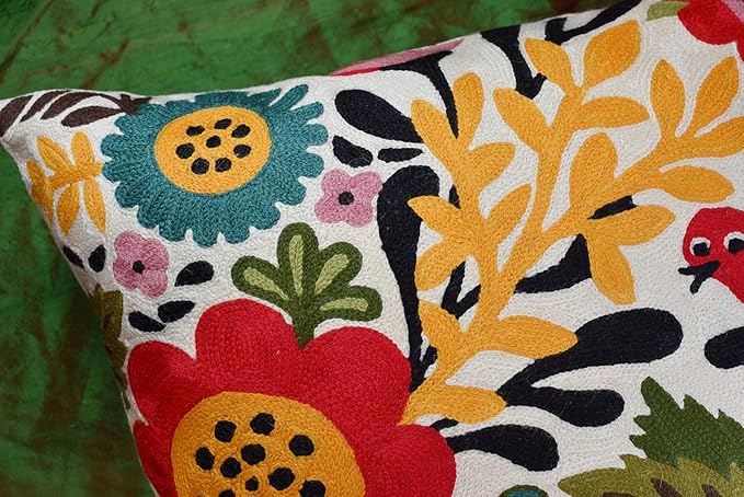 Red Polish Floral Pillow Cover Bird Flower Pillowcase Floral Outdoor Suzani Cushions Flowery Throw Chair Cushion Farmhouse Pillowsham Hand Embroidered Wool 18x18 Inch