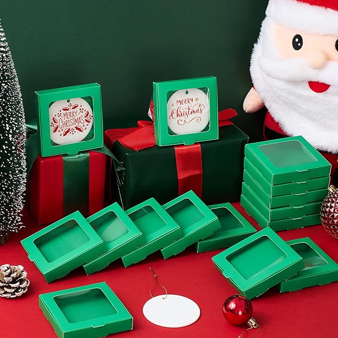 25 Pcs Sublimation Ornament Blanks Box 3.6"x3.6"x0.7" Christmas Ornaments Holder Ceramic Discs Packaging Box with Window for Personalized Xmas Tree Blanks Bulk (Green)