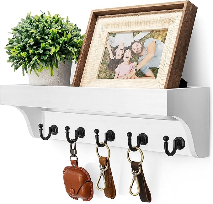 Rebee Vision Key and Mail Holder for Wall with Floating Shelf : Decorative Hanging Organizer with 5 Sturdy Keys Hooks and Wall Mount Key Rack - Farmhouse Entryway Décor (Modern White)