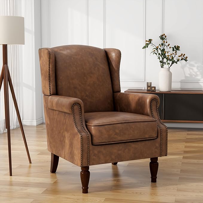 UIXE PU Leather High Back Accent Chairs Set of 2, Upholstered Armchair for Living Room, Retro Wingback Arm Chair Nailhead Trim Single Sofa Bedroom Reading Seat - Brown