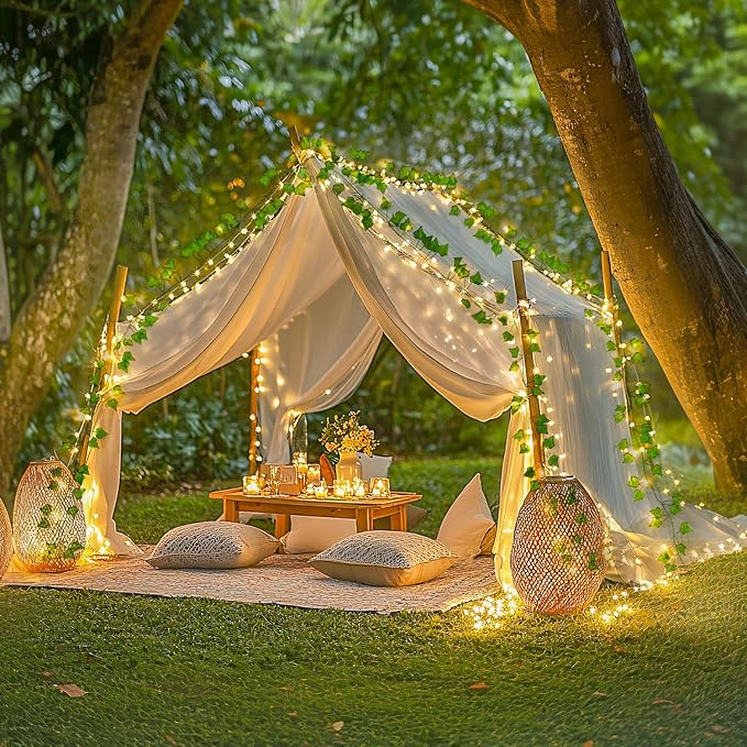 JMEXSUSS 33Ft Vines with Lights Battery Operated, 100 LED Ivy Vines with Fairy Lights Leaf with Remote for Bedroom Wall Classroom Dorm Wedding Birthday Party Decor(Warm White)