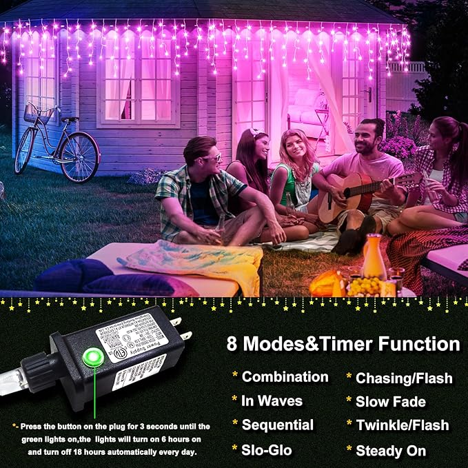 Icicle Christmas Lights Outdoor 66ft 640 LED Pink Christmas Lights for Outside 8 Modes with 120 Drops, Waterproof Icicle Light Plug in for Indoor Party House Christmas Decorations