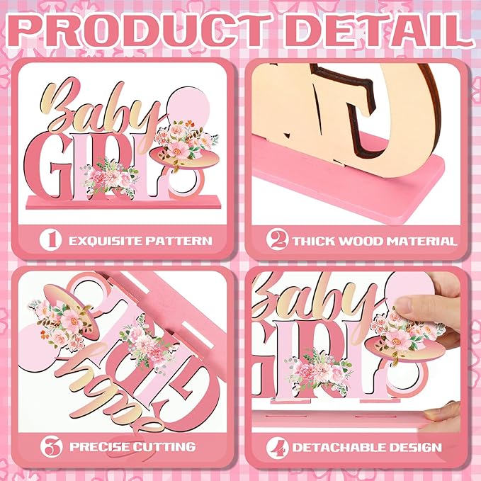 6pcs Pink Baby Shower Decorations Wooden Centerpieces for Girls Floral It's a Girl Gender Reveal Table Centerpiece Party Supplies Baby Girl Pregnancy Announcement Table Topper