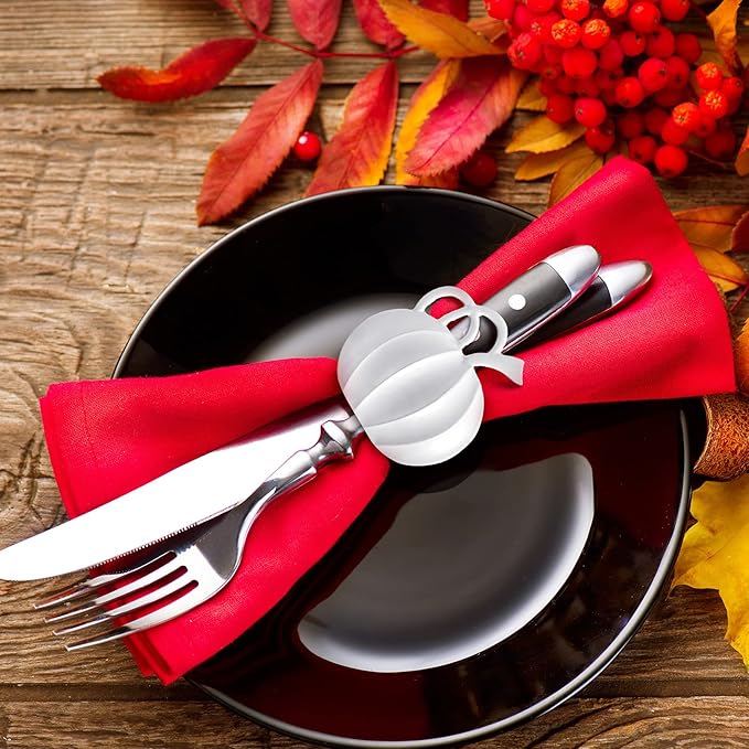 Patelai 12 Pieces Pumpkin Napkin Rings Fall Napkin Holders Thanksgiving Halloween Dinner Tables Rings for Thanksgiving Dinner Party Weddings Family Gatherings (White)