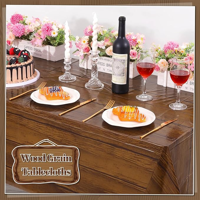 3 Pack Wood Grain Plastic Tablecloth, 54 X 108Inch Rustic Wood Table Covers for Rectangle Table Disposable Vintage Farmhouse Tablecloths for Cowboy Western Barn Birthday Baby Shower Party Supplies