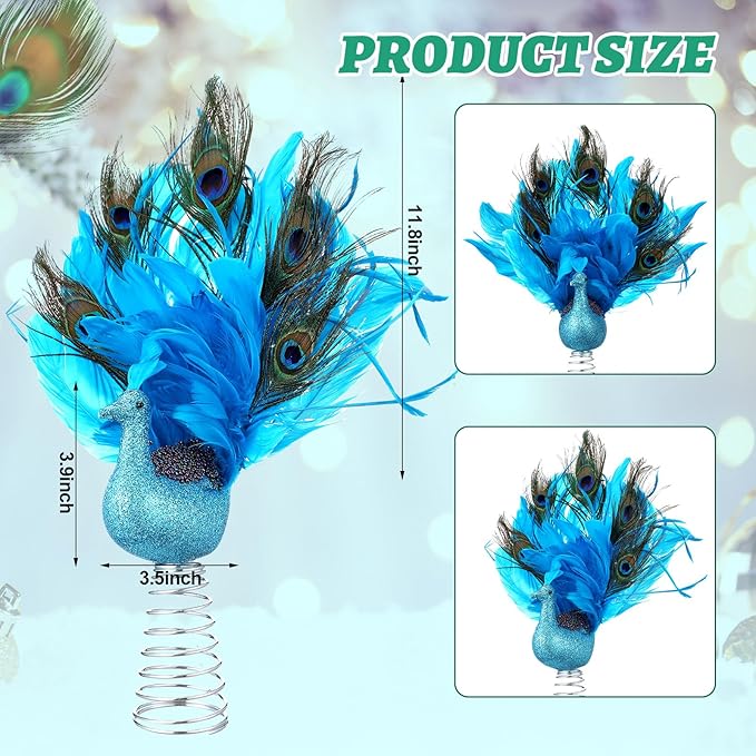 Retisee 15-Inch Christmas Peacock Tree Topper - Artificial Feather Glitter Blue Ornament for Indoor Outdoor Tree Home Decor