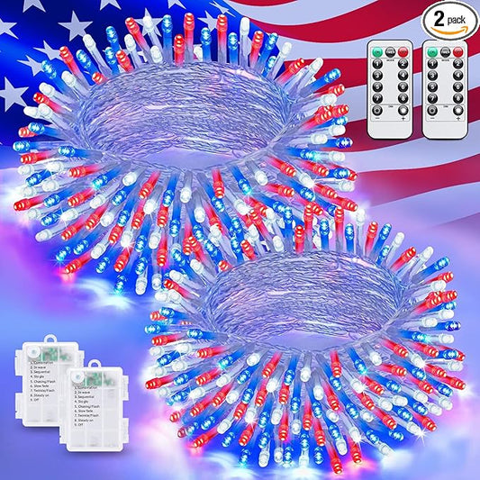 JMEXSUSS 2 Pack Red White and Blue Lights Outdoor, 33ft 100 LED 4th of July Lights Battery Operated, 8 Modes Patriotic Decorations for Indoor Outside Independence Day American Flag Holiday