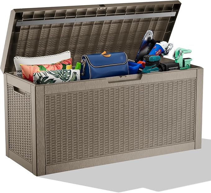 Vixzen 60 Gallon Outdoor Deck Box,Lockable Resin Waterproof Storage Box,UV Resistant,Weather Resistance,Outside Storage Bin for Gardening Tools,Pool Supplies,Gray