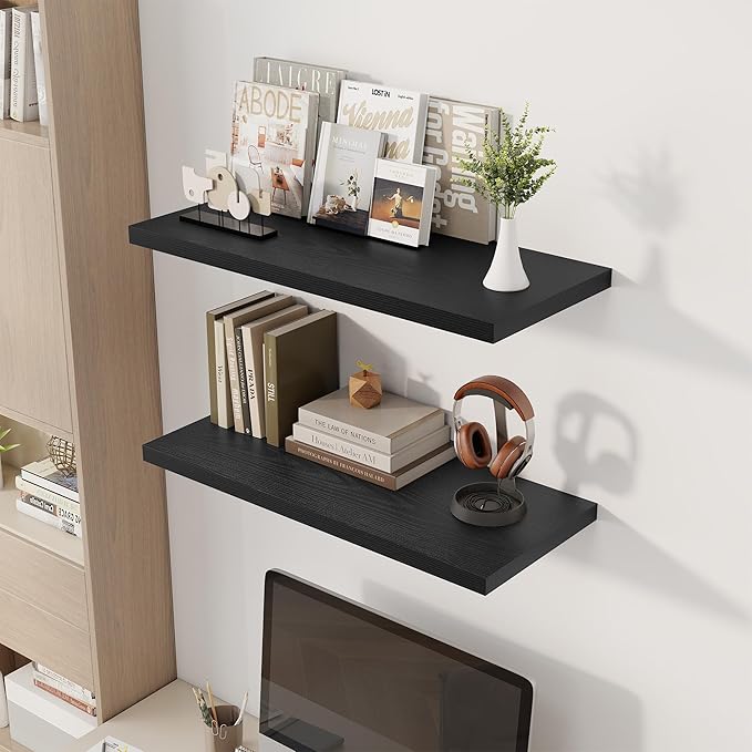 32" Floating Shelves for Wall, 12" Deep Slim Black Floating Shelves, Wall-Mounted Shelves for Bedroom, Living Room, Kitchen, Bathroom - Set of 2
