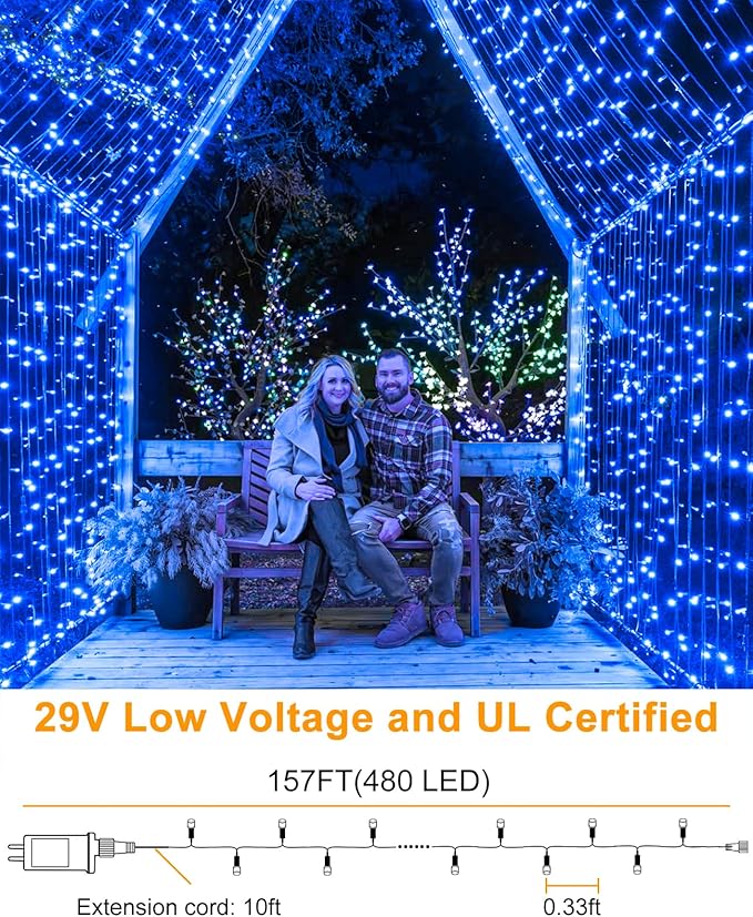 Christmas Lights Outdoor, 157FT 480 LED Plug in Christmas Tree Lights Waterproof, 8 Modes Green Wire Fairy String Light for Indoor Bedroom Garden Patio Porch Xmas Wedding Party Decorations, Blue