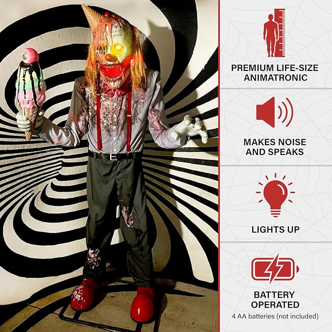 Haunted Hill Farm 6.5-Ft Animatronic I Scream Clown by Tekky, Halloween Animatronic, Creepy Party Decor, Indoor & Covered Outdoor Spooky Party Decoration Motion-Activated Lights & Sound, LifeSize